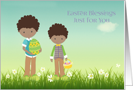 Easter Blessings, Spring Flowers, Two Dark Skinned Boys card