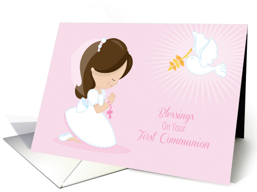 First Communion, Brunette Girl, Pink card (1369194)