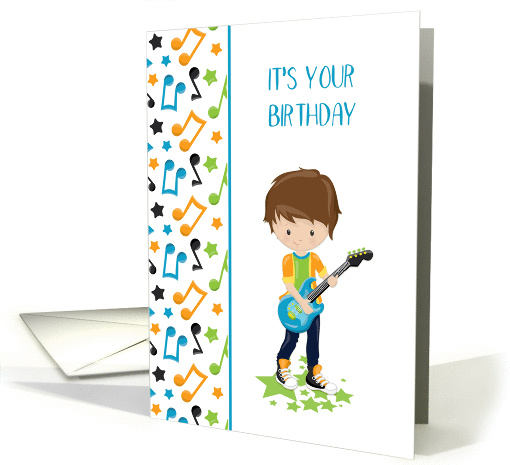 Guitar Playing Young Boy, Musical Notes, Birthday card (1379436)