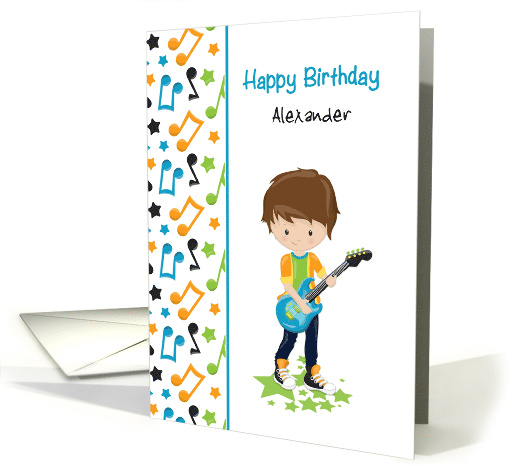 Guitar Playing Young Boy, Musical Notes, Birthday, Customize Name card