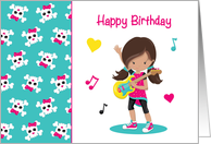 Guitar Playing Girl, Cute Skull & Crossbones, Birthday card