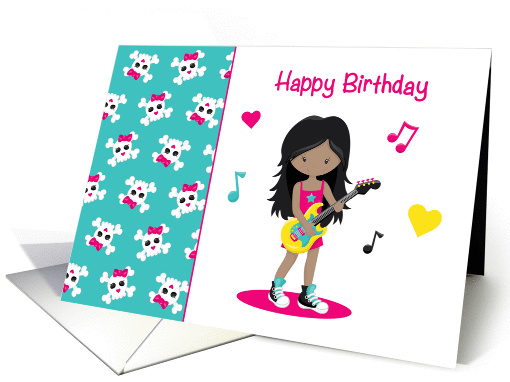 Guitar Girl, Dark-Skinned, Cute Skull & Crossbones, Birthday card