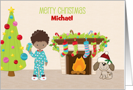 Christmas Morning, African American Boy, Customize Name card