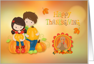 Thanksgiving Turkey with Children and Pumpkins card