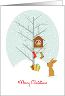 Winter Birdhouse with Rabbit - Christmas card