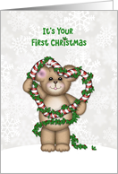 Bear with Candy Cane Heart and Holly - First Christmas card