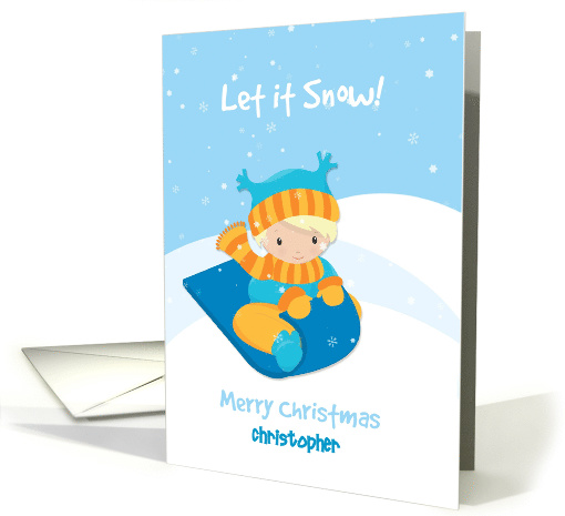 Boy with Sled in Snow, Merry Christmas, Custom Name card (1407152)