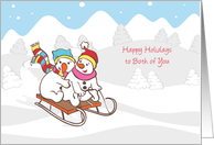 Snow Couple on Sled, Happy Holidays - Both of You card