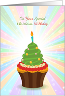 Christmas Cupcake with Candle, Birthday on Christmas card