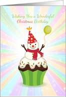 Christmas Cupcake with Snowman, Birthday on Christmas card