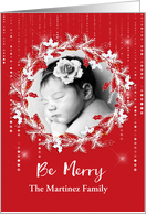 White Christmas Wreath on Red, Be Merry Customize card