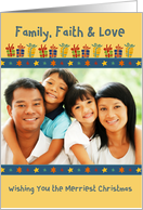 Family, Faith & Love, Row of Gifts with Stars Christmas Photo Card