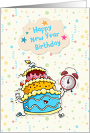 Funny Cake with Clock, New Year’s Day Birthday card