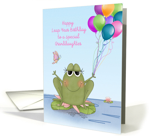Frog with Balloon Bouquet, Leap Year Birthday for Granddaughter card