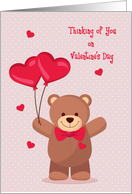 Bear with Heart Balloons, Thinking of You on Valentine’s Day card