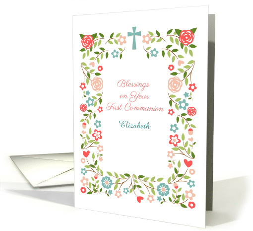 Floral Frame with Cross for First Communion, Customize card (1421476)