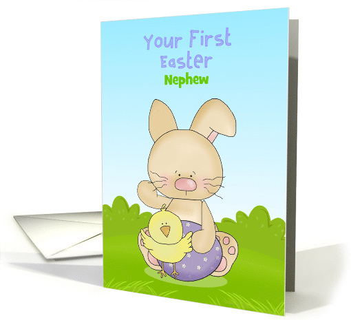First Easter, Boy Bunny with Easter Egg, Nephew Customized card