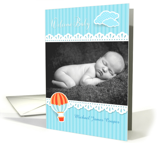 Hot Air Balloon, Blue Stripes, Custom Photo Baby Announcement card