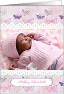 Pink Butterfly Pattern, Lace Look, Customized Baby Photo Announcement card