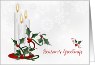 Season’s Greetings White Candles with Holly card