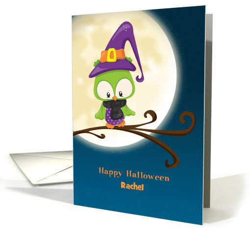 Girl Owl Witch on Branch with Moon Personalized Happy Halloween card