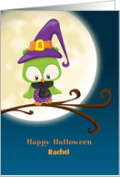 Girl Owl Witch on Branch with Moon Personalized Happy Halloween card