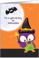 Special Boy Halloween Owl Wizard with Magic Wand with Moon and Bat card