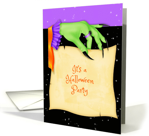 Halloween Party Invite with Green Witch Hand Holding Paper card