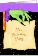 Halloween Party Invite with Green Witch Hand Holding Paper card