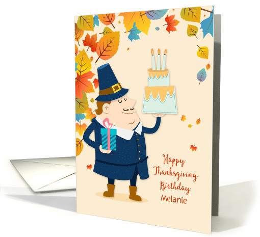 Customize Pilgrim with Cake and Gift Thanksgiving Birthday card