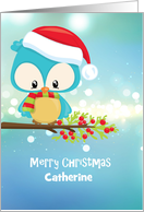 Cute Christmas Owl on Tree Branch Customizable Front card