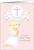 First Communion Congratulatoins Blonde Girl Doves card
