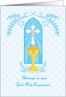 Chalice and Cross Blue First Communion Blessings card