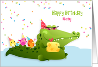 Personalized Happy Birthday Crocodile and Birds Katy card