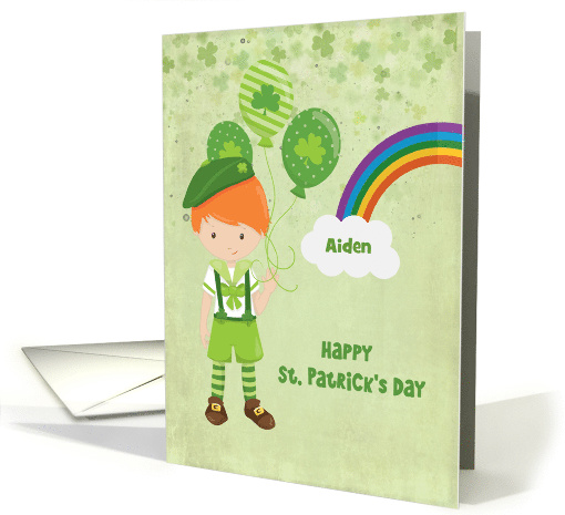 Personalized St. Patrick's Day Boy with Balloons Rainbow card