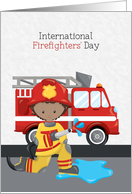 International Firefighters’ Day Dark Skinned Male with Firetruck card
