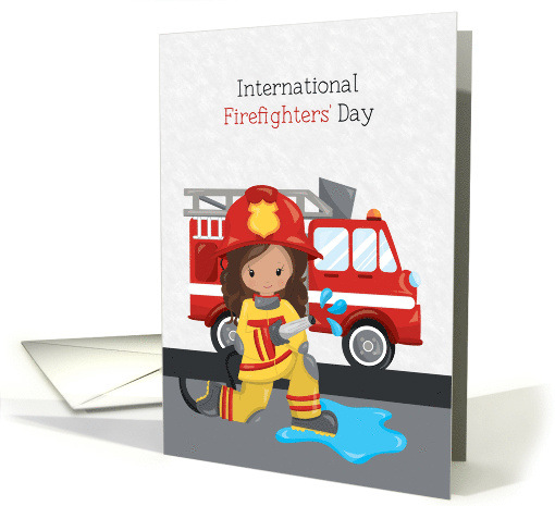 International Firefighters' Day Female with Firetruck card (1470130)