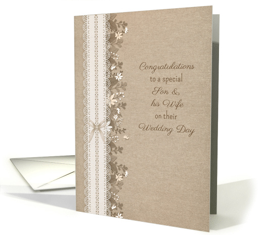 Congratulatons to Son and Wife Rustic Wedding Lace Flowers card