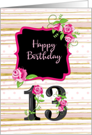 13th Birthday Pink Roses Polka Dots Gold Stripes card