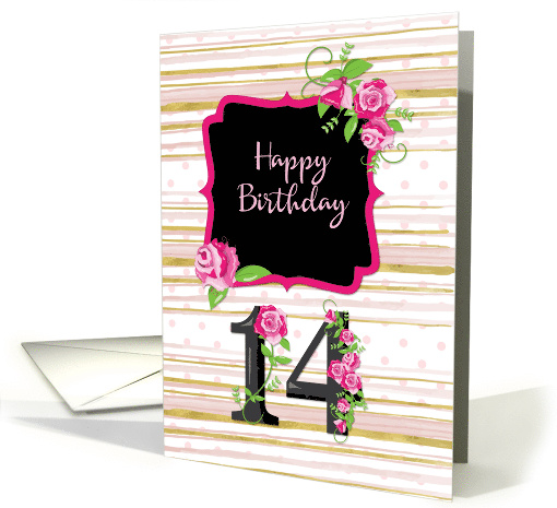 14th Birthday Pink Roses Polka Dots Gold Stripes card (1477594)