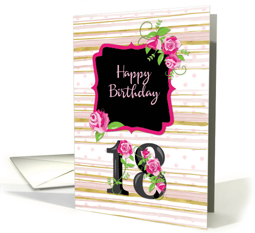 18th Birthday Pink Roses Polka Dots Gold Stripes card (1477910)