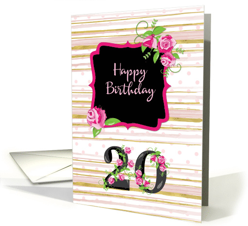 20th Birthday Pink Roses Polka Dots Gold Stripes card (1478224)