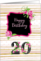 20th Birthday Pink Roses Polka Dots Gold Stripes card