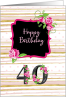 40th Birthday Pink Roses Polka Dots Gold Stripes card
