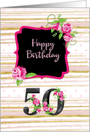 50th Birthday Pink Roses Polka Dots Gold Stripes card