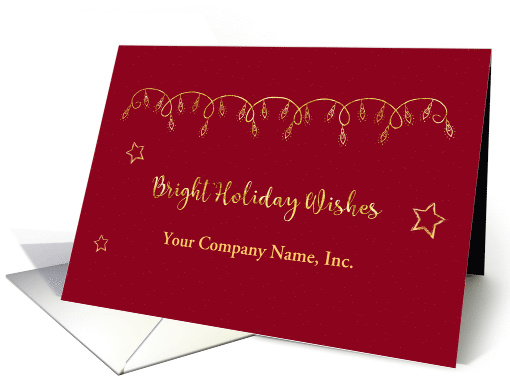 Gold String of Holiday Lights and Stars on Red Customized card