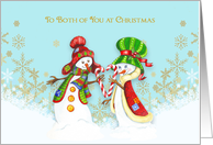 For Both of You - Loving Snow Couple - Gold Snowflakes on Blue card