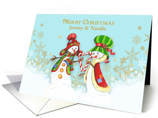 Customize - Loving Snow Couple - Gold Snowflakes on Blue card