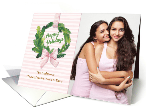 Wreath with Pink Ribbon Bow Happy Holidays Photo card (1500192)