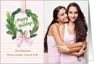 Wreath with Pink Ribbon Bow Happy Holidays Photo Card